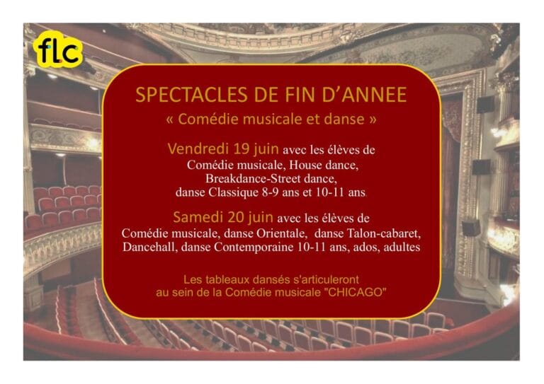 Poster for the FLC’s end-of-year shows – a musical and a dance performance – at the Théâtre de Fontainebleau on 19 and 20 June 2026