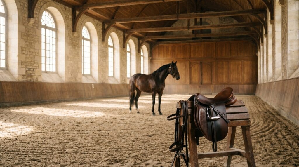Cheval dans le manège historique de l'École Militaire d'Équitation à Fontainebleau