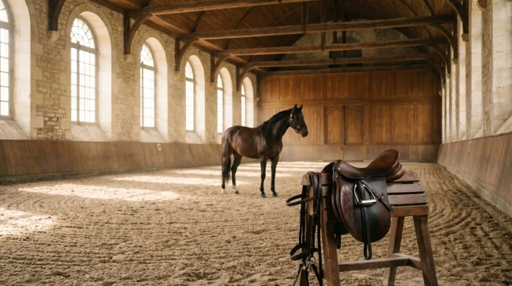 Cheval dans le manège historique de l'École Militaire d'Équitation à Fontainebleau