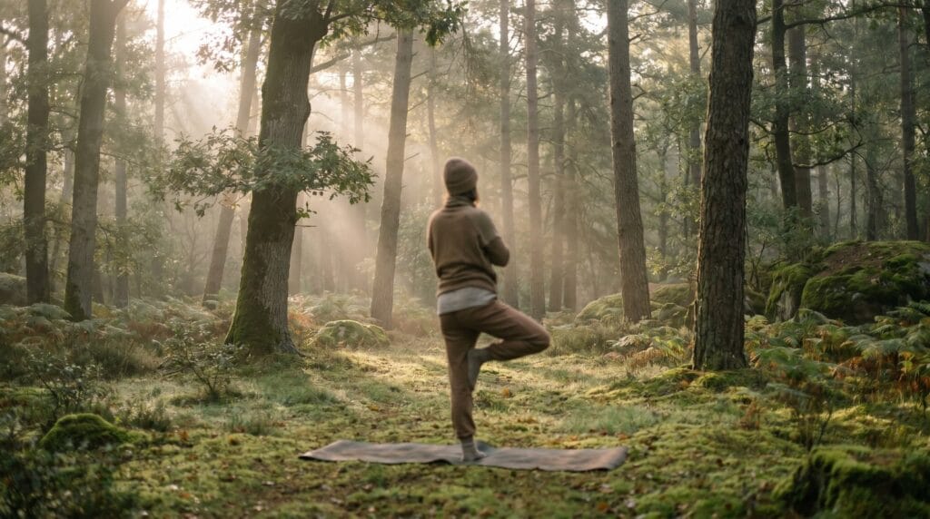 Personne pratiquant le yoga en foret de Fontainebleau au lever du jour