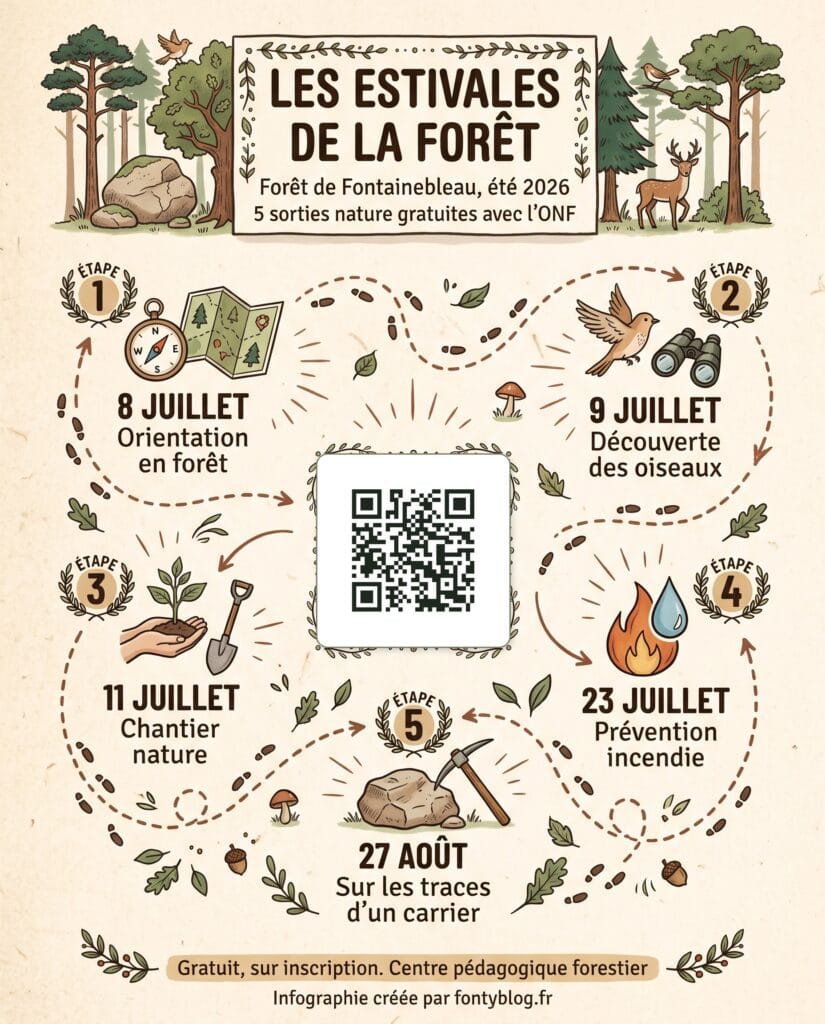 Affiche des Estivales de la forêt 2026 à Fontainebleau : programme des 5 sorties nature gratuites de l'ONF
