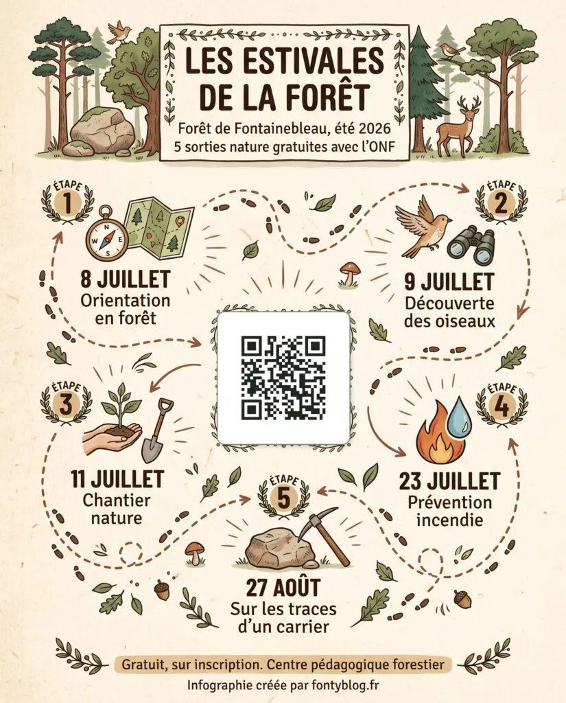 Affiche des Estivales de la forêt 2026 à Fontainebleau : programme des 5 sorties nature gratuites de l'ONF