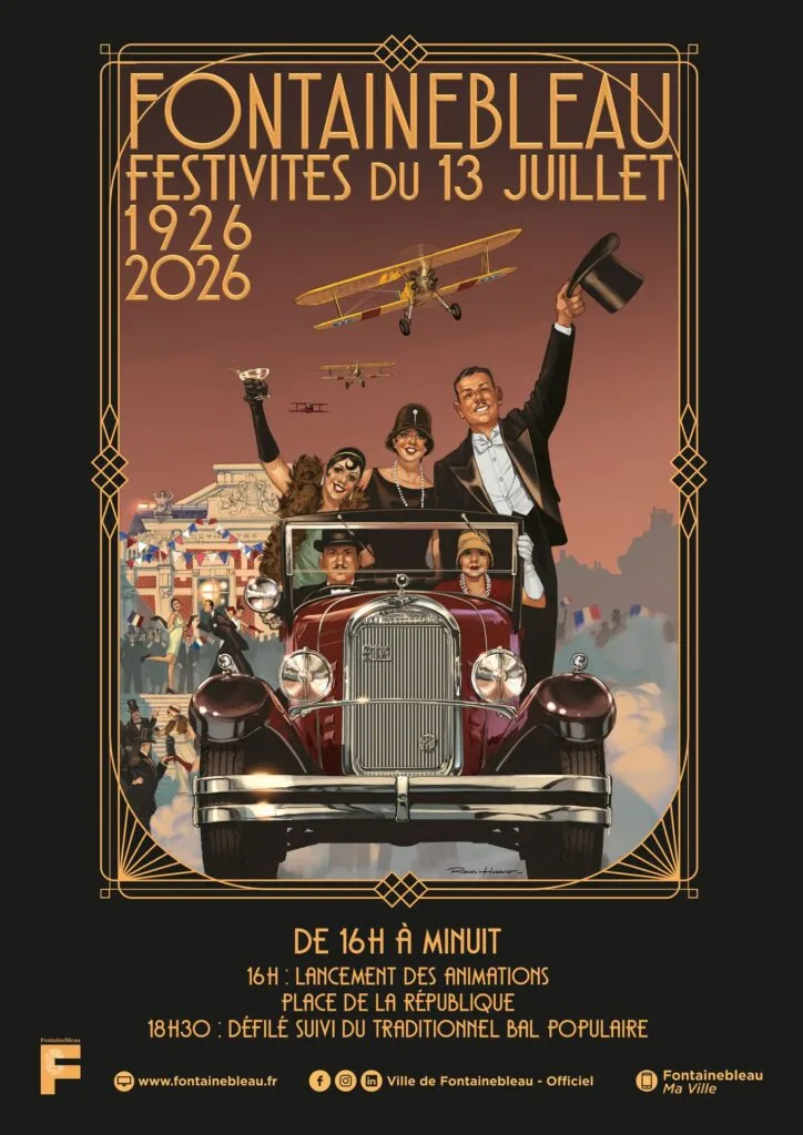Affiche officielle des festivités du 13 juillet 2026 à Fontainebleau, illustration Art déco de Romain Hugault