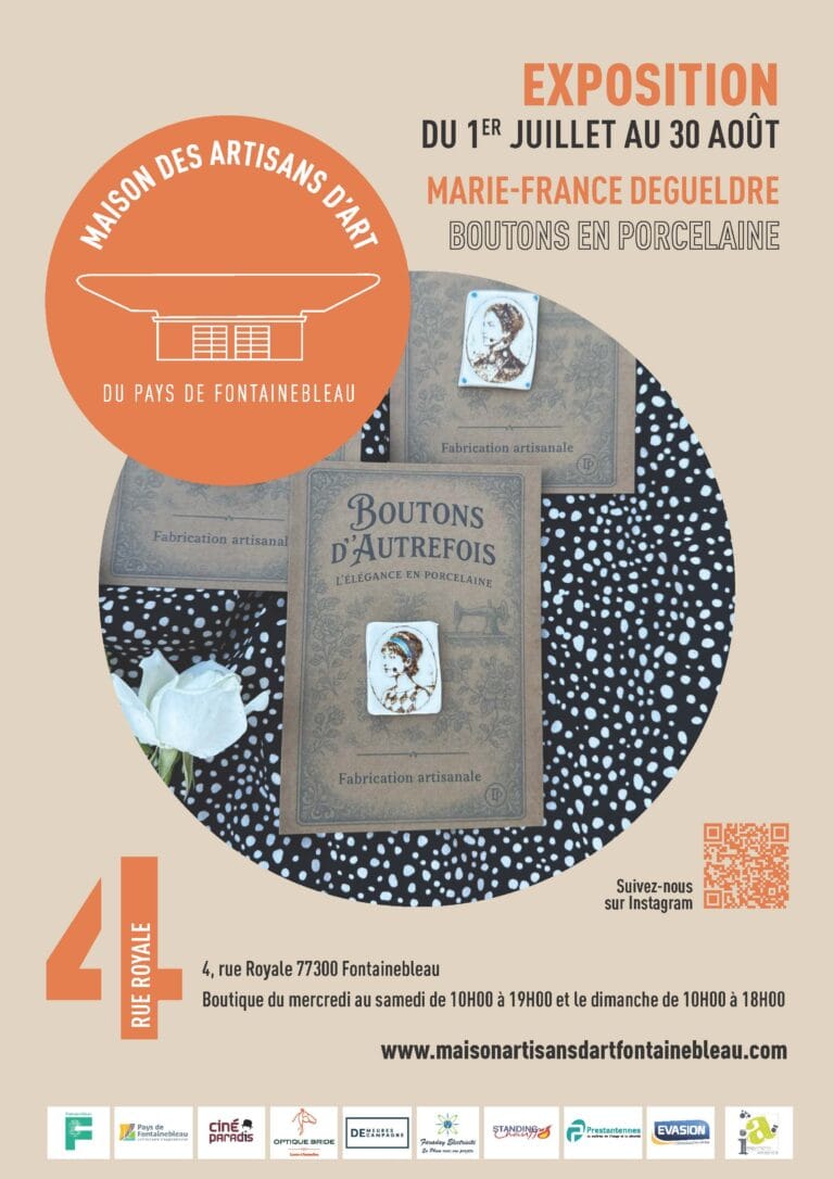 Plakat zur Ausstellung „Marie-France Degueldre – Porzellanknöpfe“, Maison des Artisans d'Art in Fontainebleau