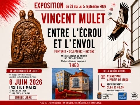 Affiche de l'exposition Vincent Mulet, Entre l'écrou et l'envol, à l'Institut Matis de Fontainebleau