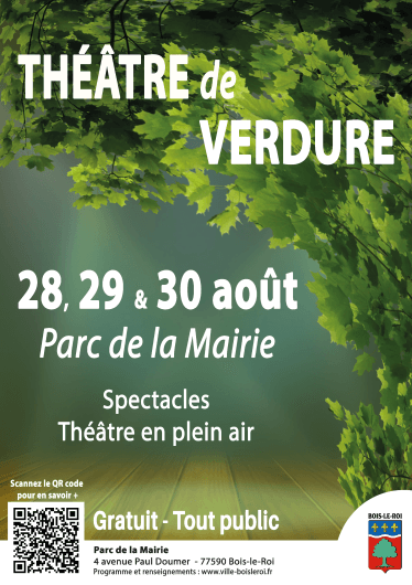 Affiche du Théâtre de Verdure 2026 à Bois-le-Roi, spectacles gratuits du 28 au 30 août