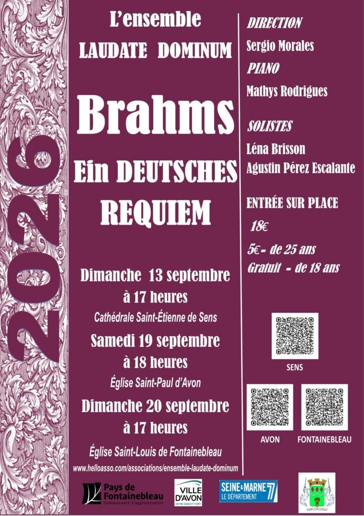 Poster for Brahms’s German Requiem, performed by the Laudate Dominum Ensemble at Saint-Louis Church in Fontainebleau on 20 September 2026