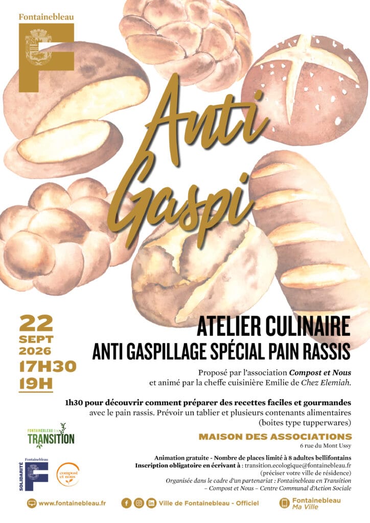 Poster for the anti-food-waste cookery workshop focusing on stale bread in Fontainebleau on 22 September 2026