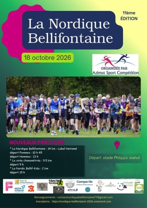 Poster for La Nordique Bellifontaine 2026, a Nordic walking event in Fontainebleau on 18 October