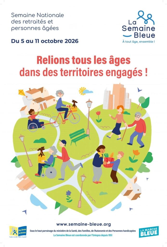 Affiche nationale de la Semaine bleue 2026, relions tous les ages dans des territoires engages