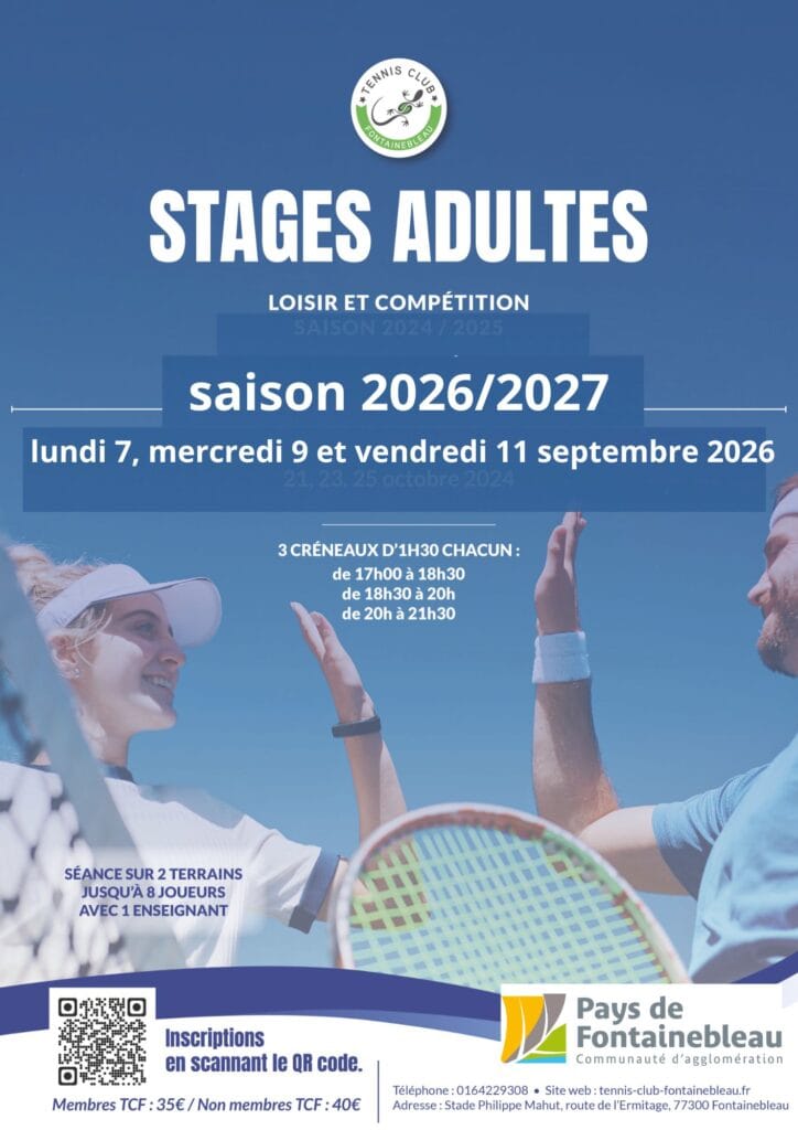 Stages adultes de tennis au Tennis Club de Fontainebleau du 7 au 11 septembre 2026