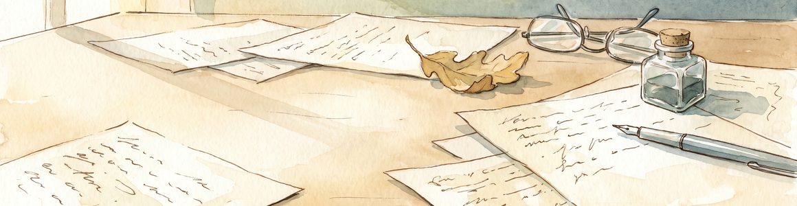 Aquarelle : feuilles manuscrites, encrier et porte-plume posés sur une table de travail