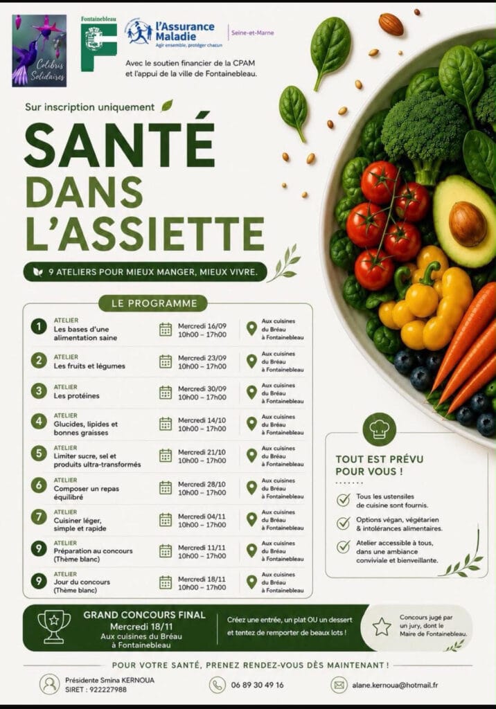 Affiche des ateliers Santé dans l'assiette des Colibris Solidaires aux cuisines du Bréau, Fontainebleau, automne 2026