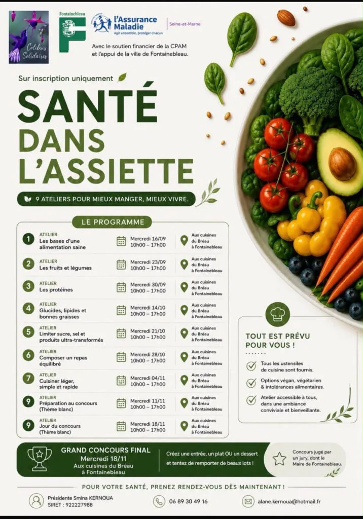 Affiche des ateliers Santé dans l'assiette des Colibris Solidaires aux cuisines du Bréau, Fontainebleau, automne 2026