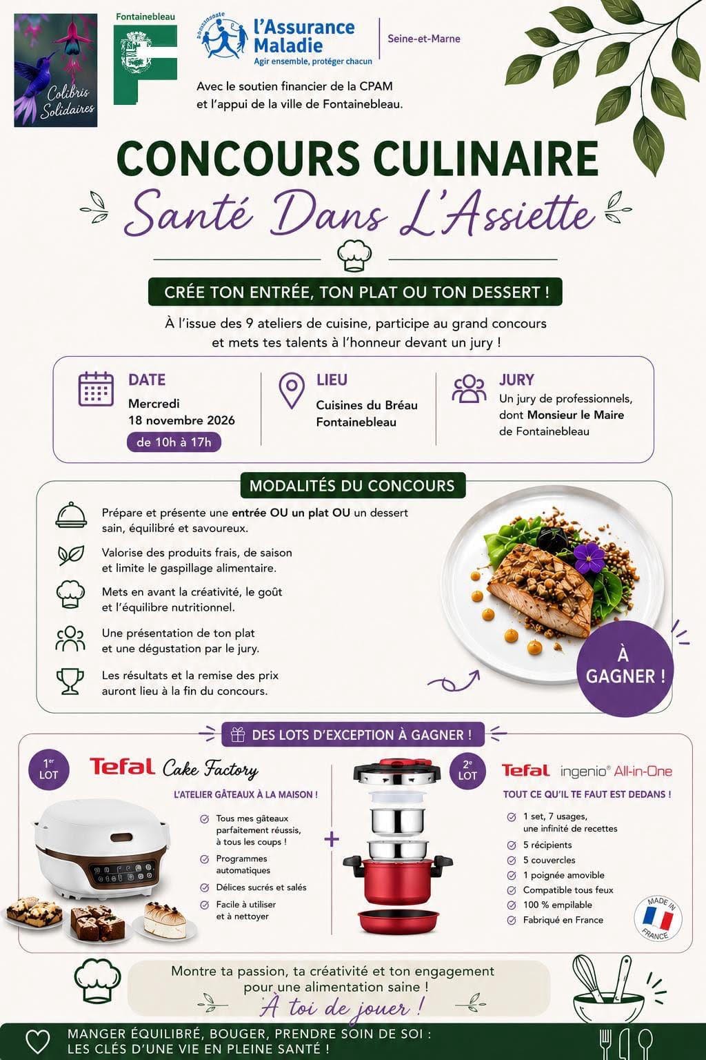 Affiche du concours culinaire Santé dans l'assiette aux cuisines du Bréau, Fontainebleau, 18 novembre 2026