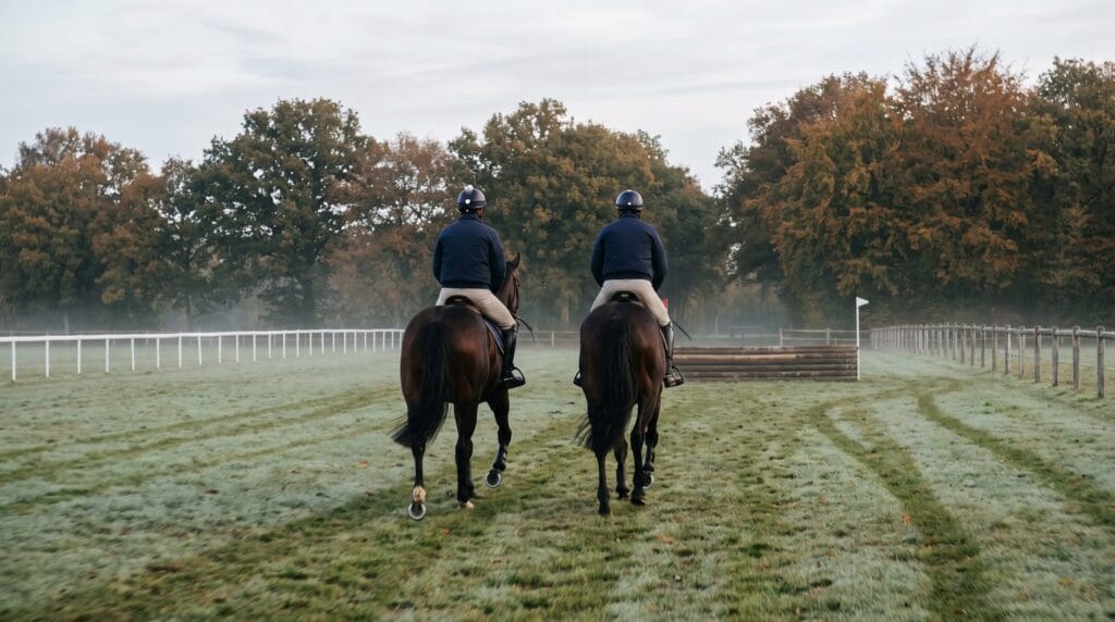 Two horsemen in dark attire galloping across the grounds of the Grand Parquet in Fontainebleau one October morning
