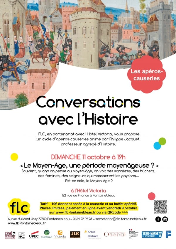 Poster for ‘Conversations with History’, a drinks and chat event on the Middle Ages at the Hôtel Victoria in Fontainebleau on 11 October 2026