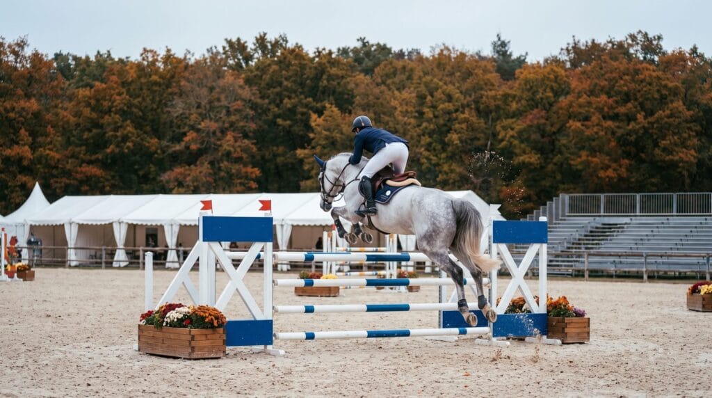 A grey horse clearing an oxer during a show jumping competition at the Grand Parquet in Fontainebleau
