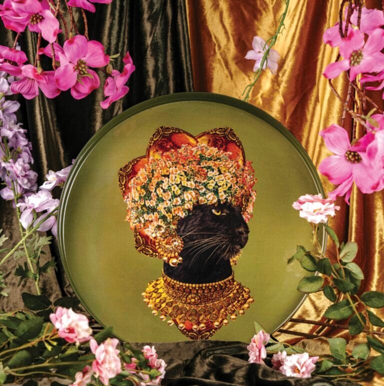 Decorative illustrated tray at Maison Madeleine in Fontainebleau