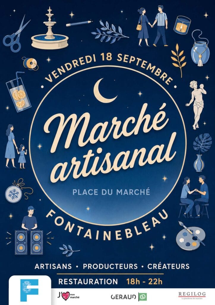 Affiche du marché artisanal nocturne place de la République à Fontainebleau, 18 septembre 2026