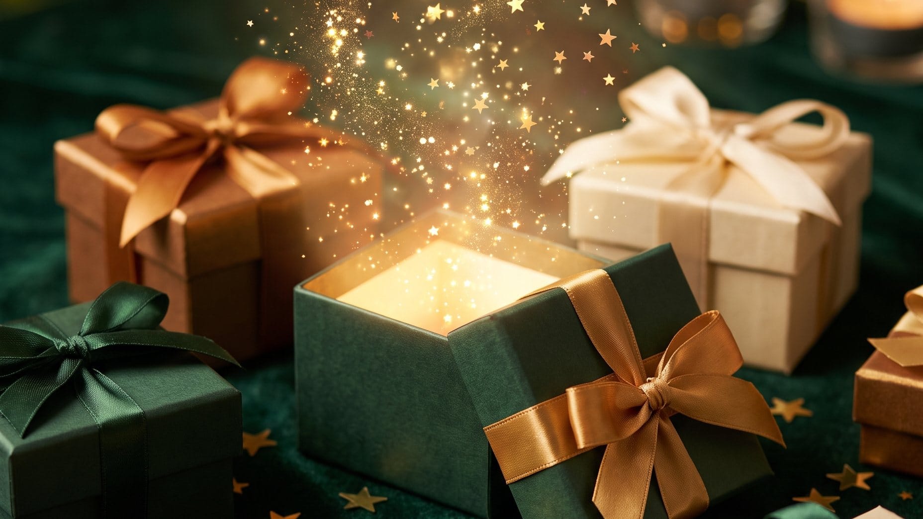 Paquets cadeaux verts et dorés, dont un ouvert d'où s'échappent des étoiles dorées : les jeux et concours à Fontainebleau