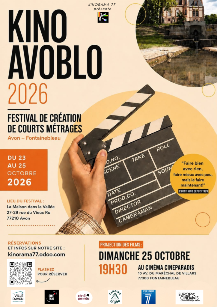 Affiche du Kino Avoblo 2026, festival de courts métrages à Avon du 23 au 25 octobre