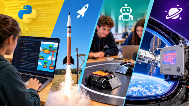 Bilder von den Jugend-Workshops im FabLab Moebius 2026–2027: Programmieren, Raketen, Sumo-Roboter und Astro Pi