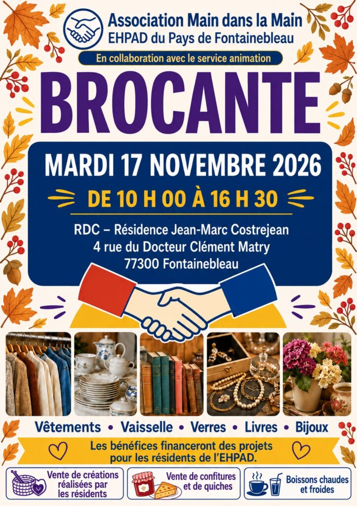 Plakat für den Trödelmarkt des Seniorenheims „EHPAD du Pays de Fontainebleau“, Dienstag, 17. November 2026
