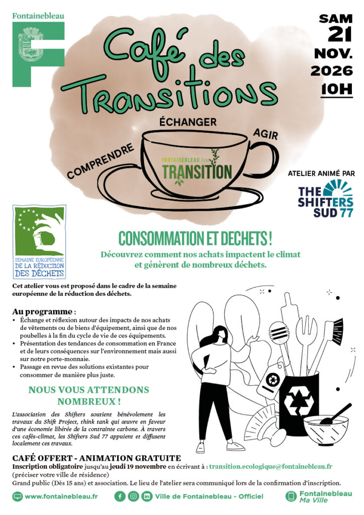 Plakat für das „Café des transitions“ zum Thema Konsum und Abfall in Fontainebleau, Samstag, 21. November 2026