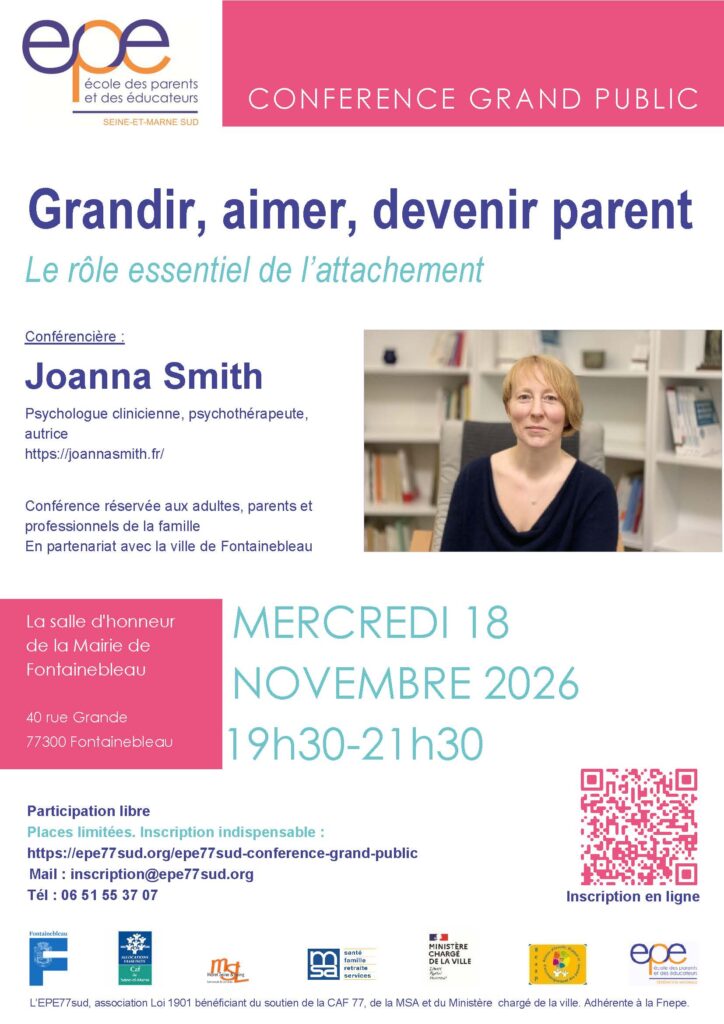 Plakat für den Vortrag von Joanna Smith zum Thema Bindung im Rathaus von Fontainebleau, 18. November 2026