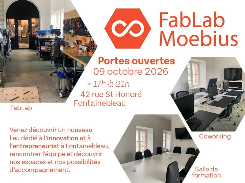 Affiche de la soirée portes ouvertes du FabLab Moebius, rue Saint-Honoré à Fontainebleau, 9 octobre 2026