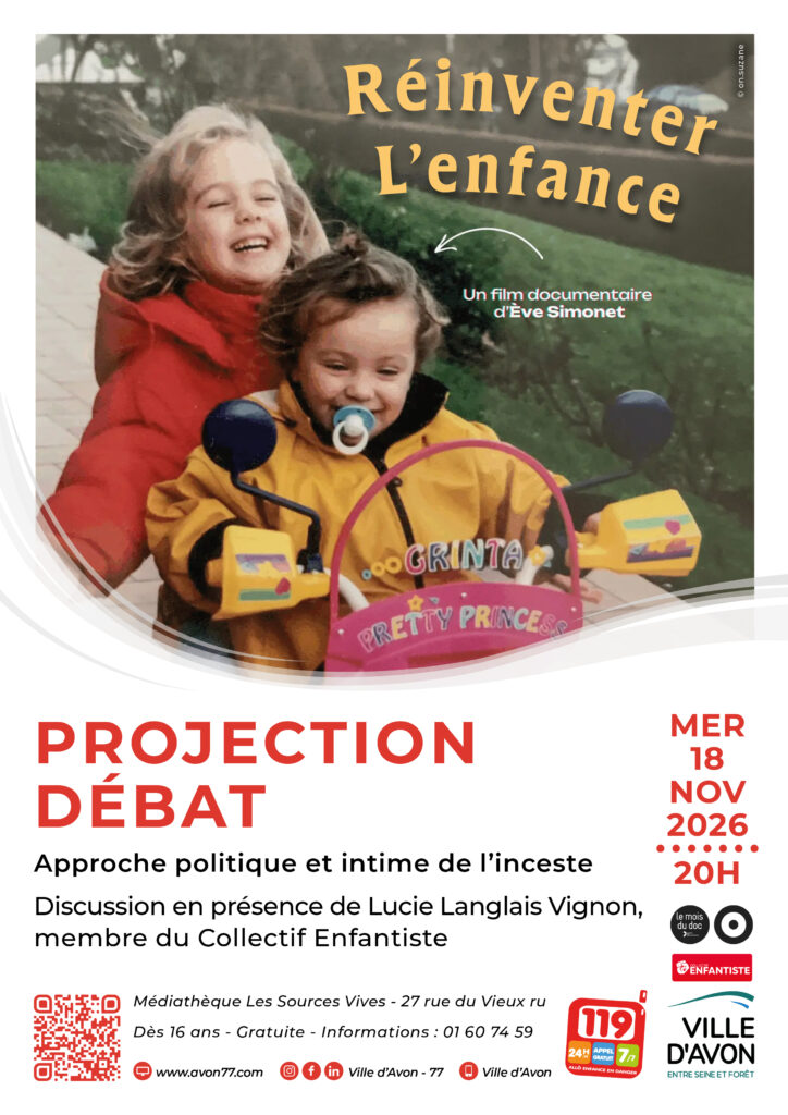Plakat zum Dokumentarfilm „Die Kindheit neu erfinden“, Filmvorführung mit anschließender Diskussion in der Mediathek „Les Sources Vives“ in Avon, 18. November 2026